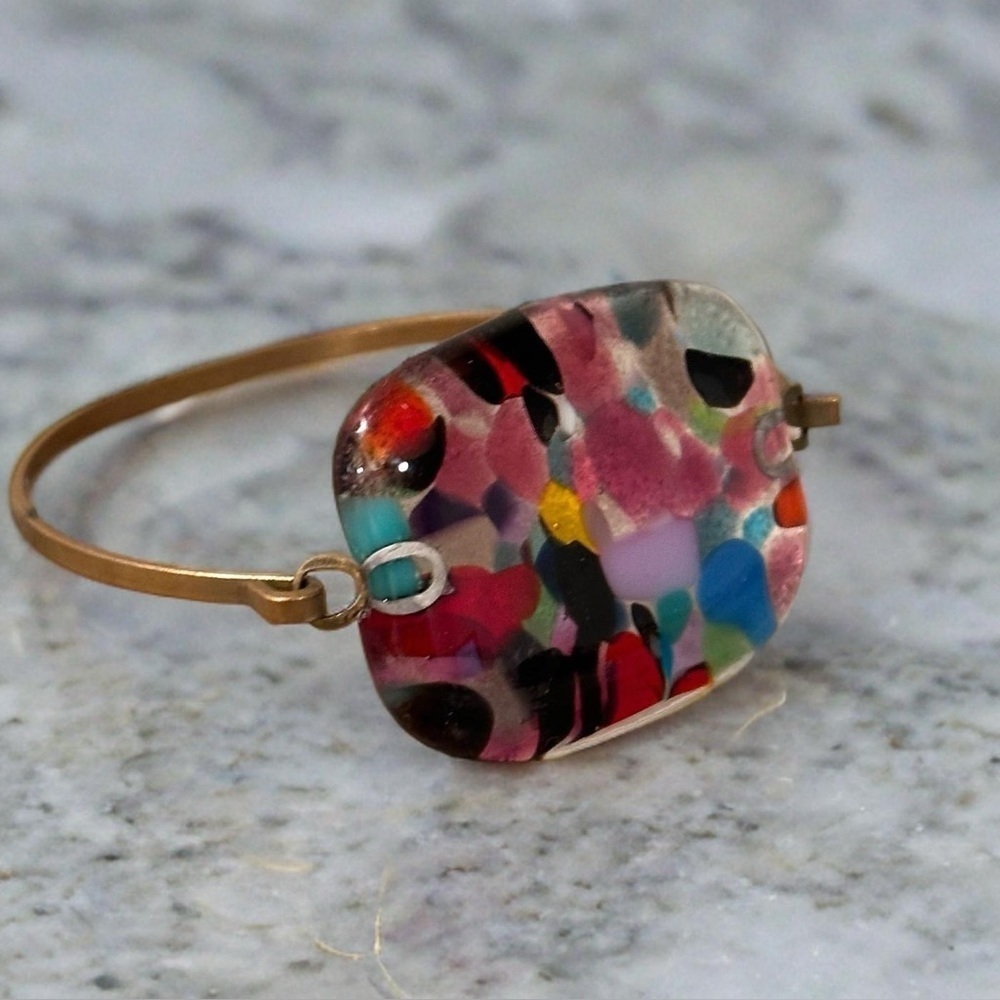 Millefiori Colorful Abstract Fuse Glass Hinge Bangle CuffBracelet Square Vintage - Picture 3 of 15